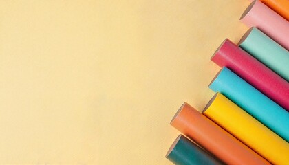 Colorful paper rolls arranged in a diagonal line on a light yellow background for art supplies concept