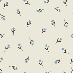 Naive small blue flowers and leaves, cute seamless pattern.
