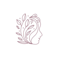 Elegant Line Art Vector Logo: Woman's Silhouette Profile with Natural Leaves and Vines