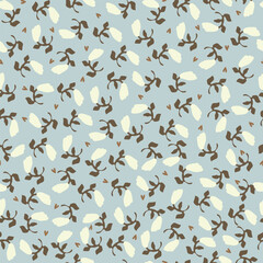 Hand drawn white flowers and brown small hearts on light blue background. Vector illustration with eleganse flowers, seamless pattern.