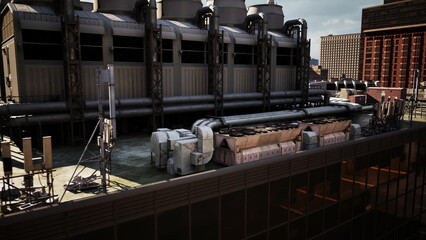 Naklejka premium A bustling city skyline features impressive cooling towers and extensive piping on a rooftop. The bright atmosphere captures the essence of urban life and industrial architecture.