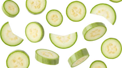 Zucchini slices abstract arrangement showcasing freshness and healthy eating isolated on a clean white background evoking a sense of nutritious