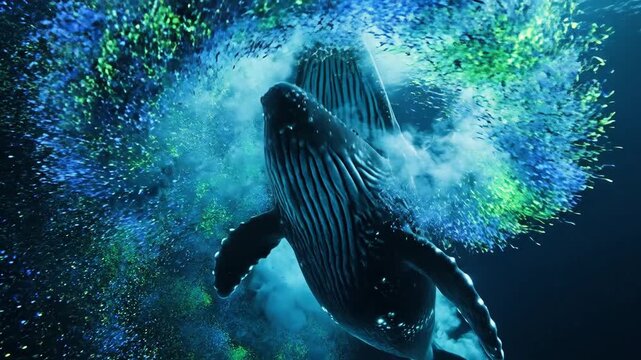 Majestic Humpback Whale Feeding Underwater with Open Mouth in a Swirl of Bubbles and Plankton.