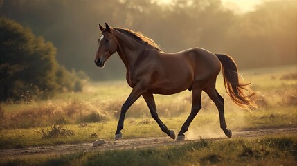 A black horse standing alert with ears forward, countryside background, high realism.