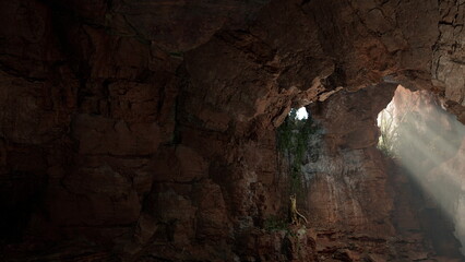 In a quiet cave, sunlight filters through an opening, casting gentle rays on the rugged walls. The rich textures and greenery thrive in the serene atmosphere, showcasing natures beauty.
