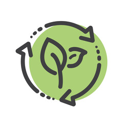 Organic recycle icon, two green leaves with three arrows, reusable environmental.