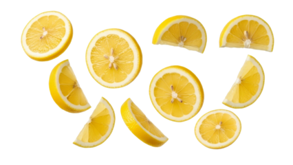 Floating citrus: A vibrant collection of sliced lemons against a stark white backdrop showcasing their bright color and fresh texture inviting