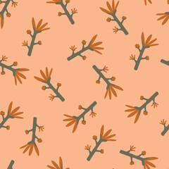 Hand drawn orange flowers on peach background, seamless pattern. Vector floral illustration for wrapping paper, fabric, textile.