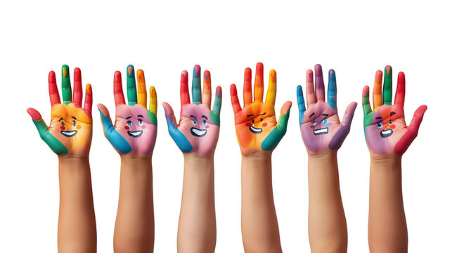 Row of raised children&rsquo;s hands with colorful painted faces on the palms, showcasing vibrant rainbow paint and joyful expressions.