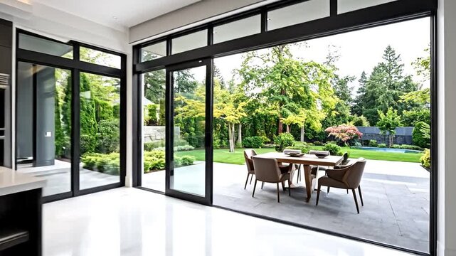 Modern kitchen with island and dining space, features a large window showcasing a lush garden view