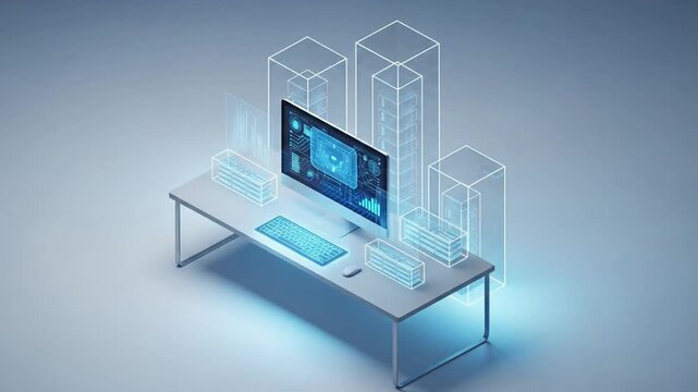 Conceptual digital desk with illuminated computer screen, keyboard, and data elements