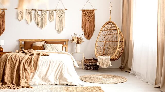 Cozy bedroom decor with a macrame wall hanging above a bed, and a hanging chair