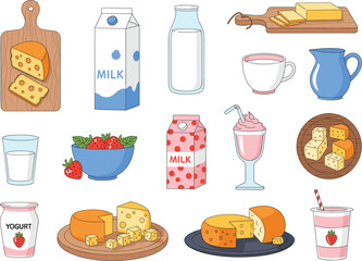 A comprehensive vector set of modern dairy and cheese products, including milk cartons, yogurt, butter, sliced cheese on cutting boards, and a strawberry smoothie, perfect for food 