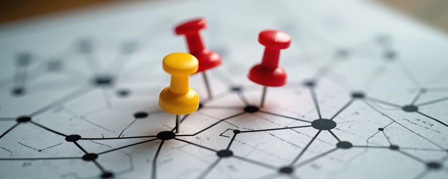 Colorful pins on graph paper map connection points for business planning. Yellow and red pushpins mark strategy goals and progress on network chart. Visualizing project development and team success.