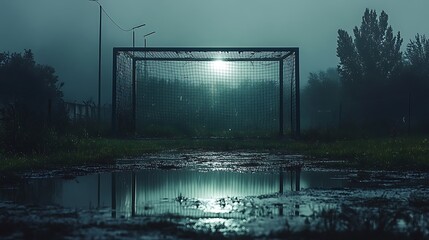 Eerie soccer field under a cloak of dense fog and reflective puddle