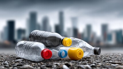 Discarded plastic bottles scatter on a gritty surface, reflecting pollution issues in an urban setting