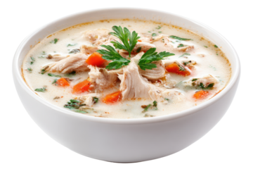 Creamy chicken soup with carrots and parsley in white bowl image