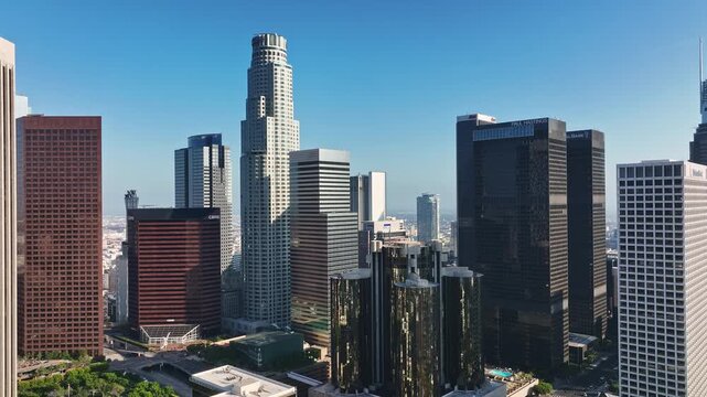 Flying above LA cityscape. Aerial Los Angeles urban view. Los Angeles skyscrapers from sky. Aerial view of downtown LA. Los Angeles skyline drone footage.