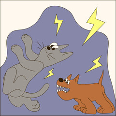 Vector illustration of dog chasing a cat. Cat and dog relationship. The dog wants to bite the cat. Funny child art, nursery poster design, children room interior poster. EPS 10