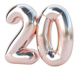 Number 20 appears in a glossy style with a smooth and reflective surface. This element is cut out and set against a transparent background, suitable for various projects