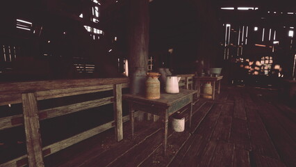 In a weathered barn, wooden tables hold age old jars filled with milk. Sunlight streams through gaps in the boards, casting warm light across the rustic setting, inviting nostalgia.