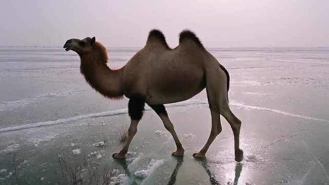 A lone camel walks across a frozen lake in a desolate landscape.