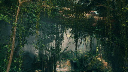 Amidst towering trees and hanging vines, a gentle mist blankets the forest floor, creating a tranquil scene filled with the beauty of nature.