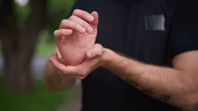 White Tattooed Man Stretching Wrists Outdoors Before Exercise, Detailed Shots Of Fingers And Forearm Ink, Grip Preparation For Skate Or Workout, Green Park Background, Focused Mobility Routine