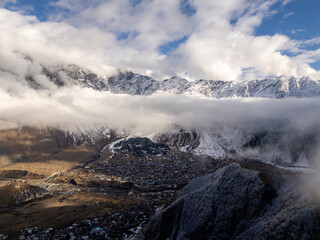 Kazbegi Valley Town Nestled Below Majestic Caucasus Peaks