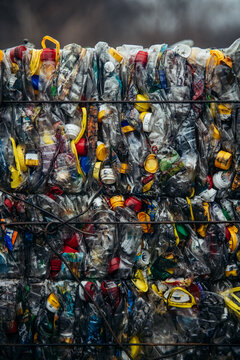 Compressed Plastic Bottles Prepared for Recycling