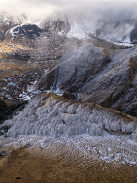 Aerial View of Rime Ice Forest and High Valley Settlement - Kazb