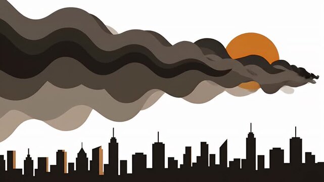 Industrial city air pollution concept with dark smoke obscuring bright sun over urban skyline