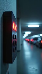 Fototapeta premium Control panel with red indicator lights mounted on wall in dimly lit underground parking garage. Rows of cars and fluorescent lights extend into blurred background suggesting urban infrastructure.