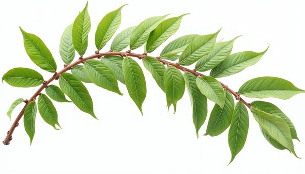 Young ailanthus altissima branch with green leaves isolated on white background. Cutout plant stem with many foliage for graphic design projects.