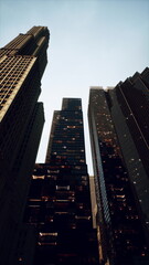 Tall skyscrapers stand proudly against the azure sky as the afternoon sun casts shadows. The juxtaposition of glass and steel creates an impressive urban landscape filled with reflections.