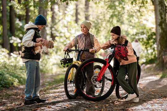 Children on bicycles met a friend with a dog in the park.