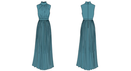 Detailed technical sketch showcasing an elegant teal pleated maxi dress design with high neckline and sleeveless silhouette
