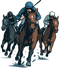 Three jockeys racing horses on white background horse racing