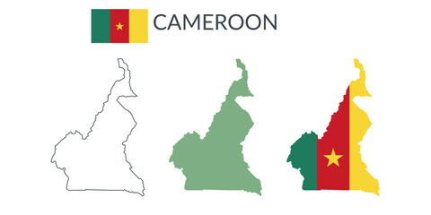 Obraz premium Cameroon geographical borders isolated on white background. Flag of Cameroon. Vector flat cliparts.
