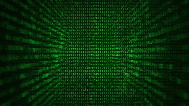A futuristic green digital tunnel of binary code data illustrates a cyberspace network of streaming information and abstract software communication within a matrix-inspired technology background