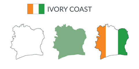Ivory Coast geographical borders isolated on white background. Flag of Ivory Coast. Vector flat cliparts.