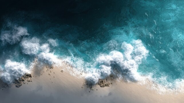 Aerial view of a beach with waves crashing onto the shore - Powered by Adobe