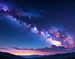 Fototapeta premium Vibrant Cosmic Nebula Streaks Across a Starry Night Sky Over Silhouetted Mountains