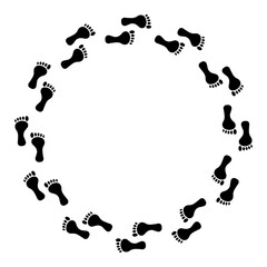 Round foot step frame. Black Foot print frame border. Imprint, silhouette of a bare human foot