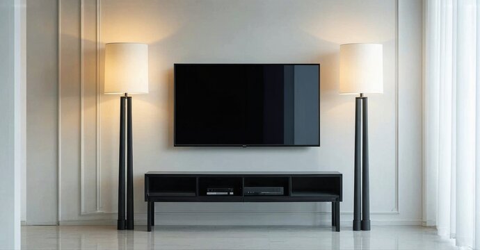 Minimalist living room features tv, lamps, dark cabinet. Neutral tones create calm, modern space. Clean lines dominate design.