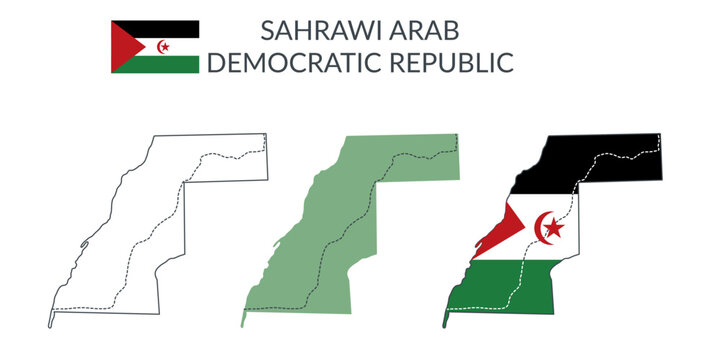 Sahrawi Arab Democratic Republic geographical borders isolated on white background. Flag of Sahrawi Arab Democratic Republic. Vector flat cliparts.