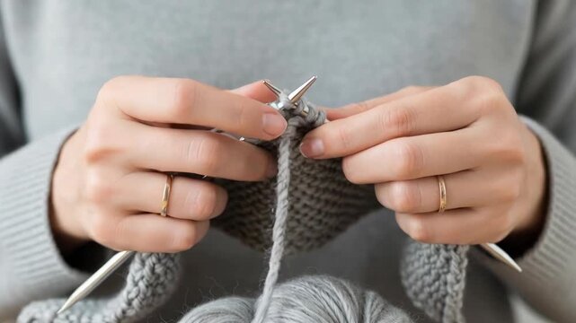 Skilled hands knitting gray fabric with needles in closeup sequence for handicraft enthusiasts