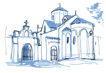 Ink and watercolor sketch of an old stone church with domes and arches, drawn in a minimalist style with blue and black lines on white background