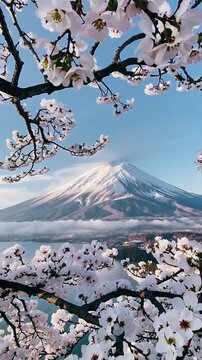 Snowcapped Mount Fuji Framed by Cherry Blossoms in Spring.