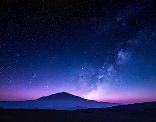 Fototapeta premium A breathtaking view of the Milky Way galaxy illuminating a serene mountain landscape under a starry night sky, showcasing the vastness of the cosmos